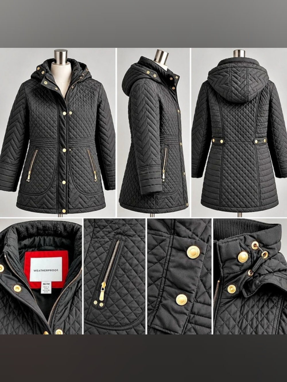 Weatherproof Quilted Hooded Jacket in Black Size Medium NWT